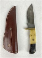 Damascus Knife with Carved Horn & Ebony Handle