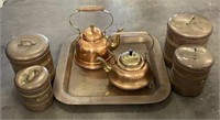 Copper & Brass Tray, Canisters & Teapots