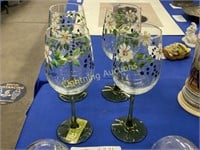FOUR HAND PAINTED GLASS WINE GLASSES