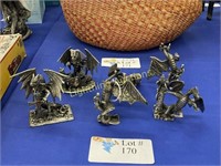 SIX PEWTER DRAGONS AND WIZARDS FIGURES