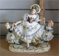Frankenthal Dresden lace figural group 7" x 7