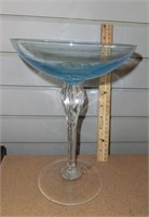 10 1/4" aqua/clear art glass twist stem compote