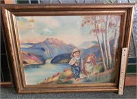 oil painting of boy w/collie fishing signed MB