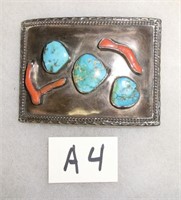 A4- pawn Native American silver belt buckle set