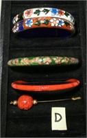 D-  3 cloisonne bangle bracelets, cinnabar bead
