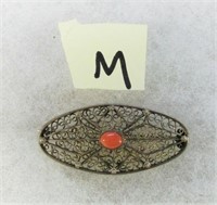 M-  silver filigree & coral 1 3/4" oval pin