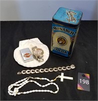 Vintage Tin, Watch, Bracelet, Rosary & Half Shell