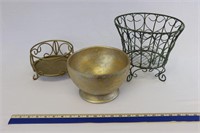 Golden Decorative Bowl and Two (2) Baskets