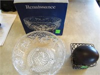RENAISSANCE 3 FOOTED BOWL & EMU EGG IN WIRE BASKET