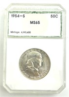 MS-65 50C 1954-S Franklin Half Dollar, Encased