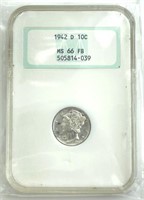 MS-66 1942 D 10C Mercury Dime, NGC Certified and