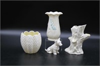 Irish Belleek vases & figurine