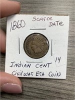 1860 Scarce date Indian Cent Civil war Era coin