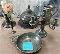 11 - FRENCH PEWTER CANDELABRA, BOWL, PITCHER