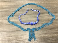 2 vintage blue glass bead necklaces