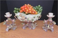 Vintage 3 pc Set Fruit Bowl ,Candle Holders Birds