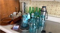 Blue Ball jars & assorted glassware