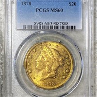1878 $20 Gold Double Eagle PCGS - MS60