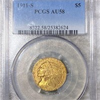 1911-S $5 Gold Half Eagle PCGS - AU58