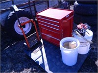 5 drawer toolbox, 2 wheeled cart, pump on bucket
