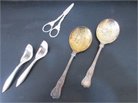 Silver Plated Serving Spoons, Scissors,