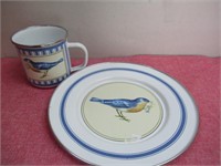 2 PCs - Tin Bird Plate & Cup