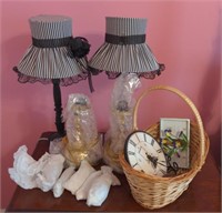Lot w/ Table Lamps, Basket, Clock Face, and more
