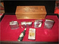 Vintage Lighters In Wood Pipe Box - Tobacciana