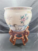 Large Asian Theme Planter On Wood Stand