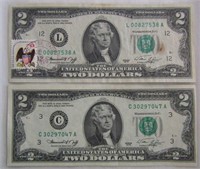 (2) 1976 $2 Bills Green Seal - Bicentenial