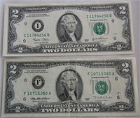 1995 & 2003 $2 Green Seal Two Dollar Bills