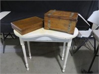 KIDNEY SHAPED WOOD TABLE & 2 WOOD BOXES