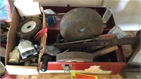 Red Tool Box W/ Misc. Hammer, Saw, & Grinding Disc
