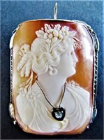 HAND-MADE CAMEO BROOCH/PENDANT, 14K WHITE GOLD