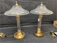 Pair Vintage Brass Base Lamp with Glass Shade, 24"