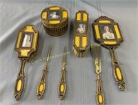French guilloche figural vanity set, 7 pieces