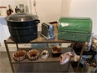Vintage bread box toaster, cake moulds, canner