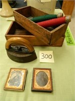 2 Tin Type Pictures, 2 Cheese Boxes, 2 Yarn -