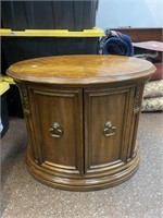 Vintage wooden round double door side table, end
