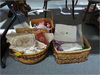 3 BASKET W/ VINTAGE LINENS & CHRISTMAS ORNAMENTS