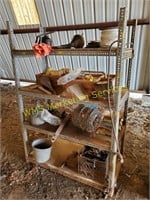 Metal Shelf and Contents - barb wire, funnel, misc