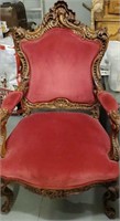 Victorian Carved Wood Red Velvet Arm Chair