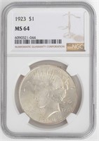 Coin 1923-P Peace Silver Dollar - NGC MS 64