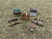 2 wooden trays, bushell basket, metal tub, woven