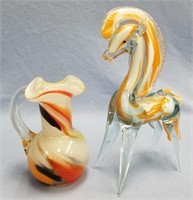 2 pieces of art glass, a horse and a pitcher, tall