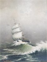 Original painting on artist board of a ship in a s