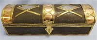 hinged lidded wooden box with brass and copper emb