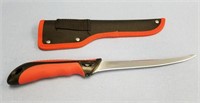filet knife with rubberized handle, nylon sheath,