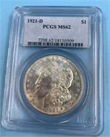 Morgan silver dollar,  1921 D  graded MS62 by PCGS