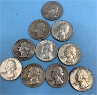 Lot of 10 silver Washington quarters pre 1965, var